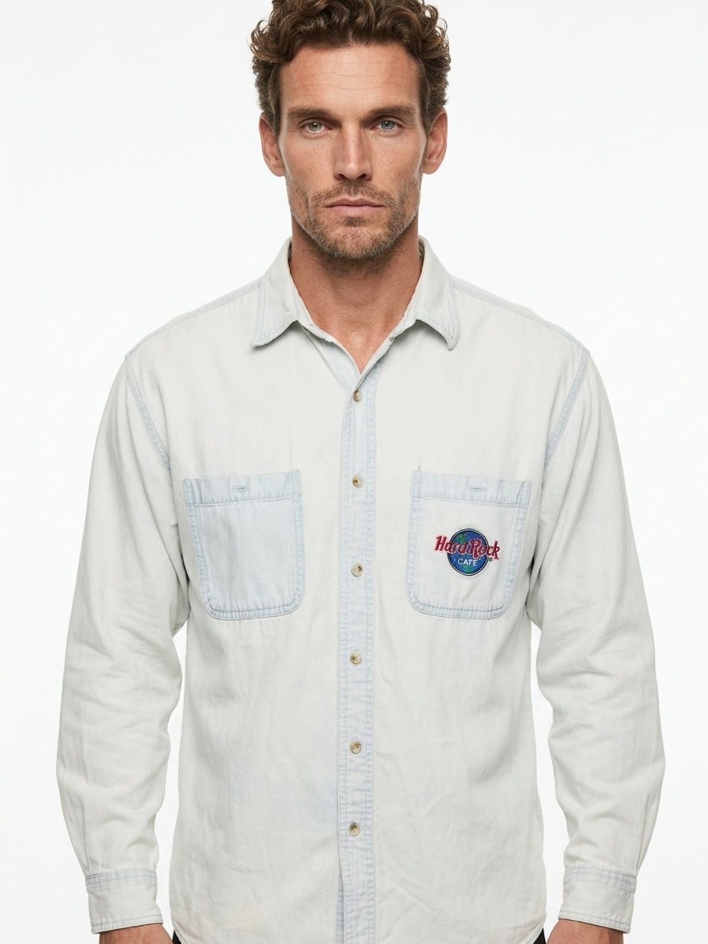 HARD ROCK CAFE | Vintage Light Wash Denim Embroidered Shirt Unisex Size Medium